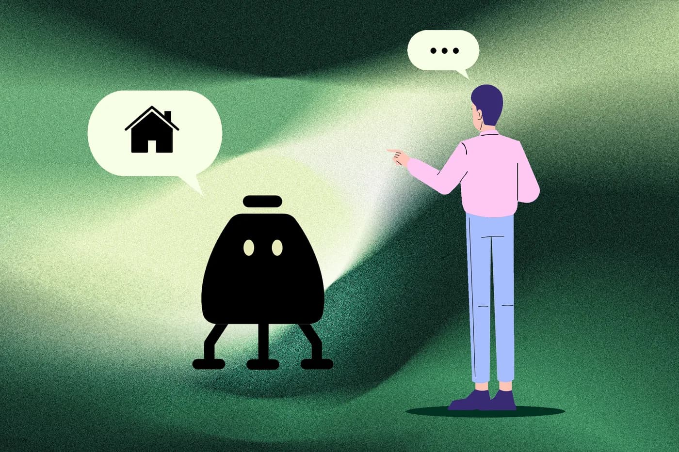 Ilustracja: osoba rozmawia z robocikiem działki.ai